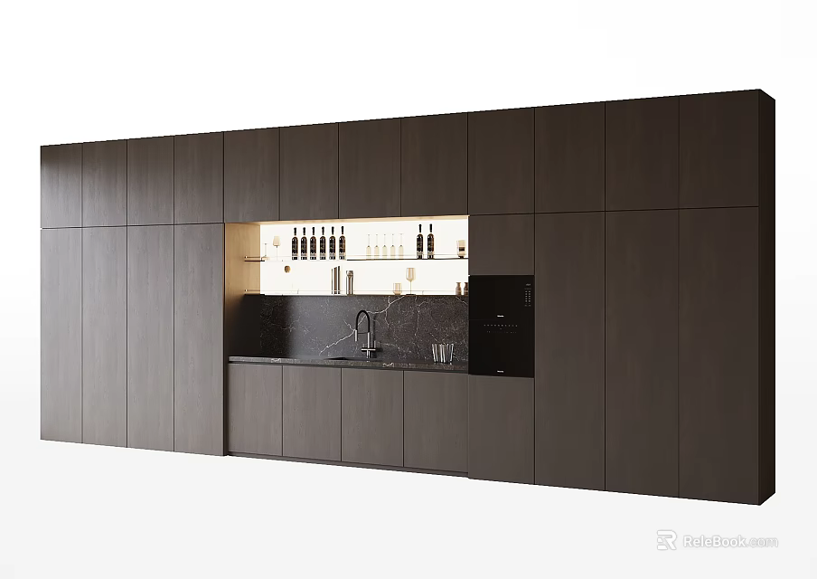 Modern Dark Wood Sideboard With Illuminated Shelf Wine Bottles Black Countertop And Coffee Machine 3d model 