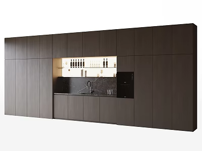 Modern Dark Wood Sideboard With Illuminated Shelf Wine Bottles Black Countertop And Coffee Machine 3d model