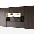 Modern Dark Wood Sideboard With Illuminated Shelf Wine Bottles Black Countertop And Coffee Machine