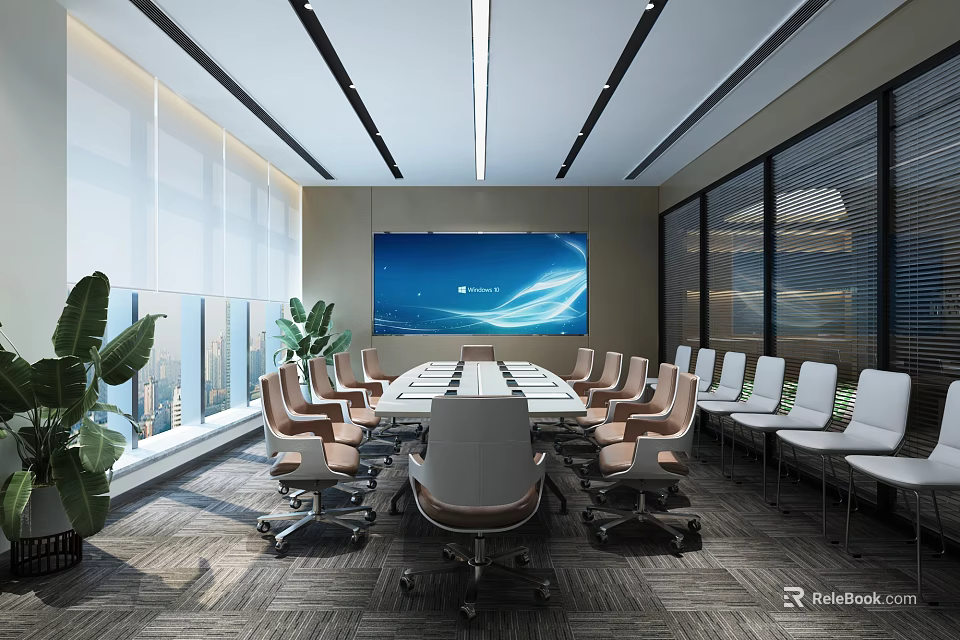 Modern Spacious Conference Room Interior With Large Screen Comfortable Chairs Large Windows And City View 3d model 