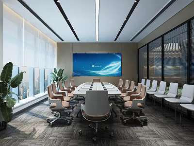 Modern Spacious Conference Room Interior With Large Screen Comfortable Chairs Large Windows And City View 3d model