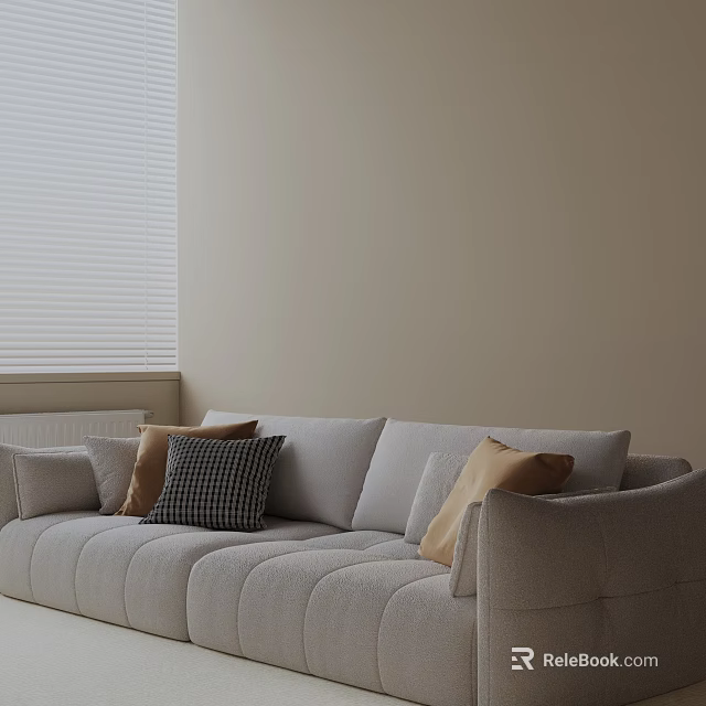 Beige Three Seater Sofa with Brown and Checkered Decorative Pillows in Living Room 3d model 