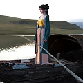 Worn out Wooden Boat with Woman in Traditional Outfit Holding Paddle on Lake Mountain Scenery