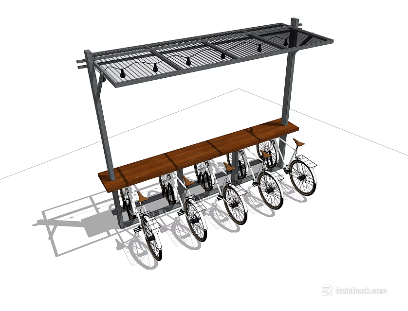 Sturdy Metal Frame Bike Shelter with Wooden Bench and Bicycle Parking Area 3d model 