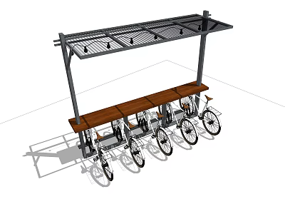 Sturdy Metal Frame Bike Shelter with Wooden Bench and Bicycle Parking Area 3d model