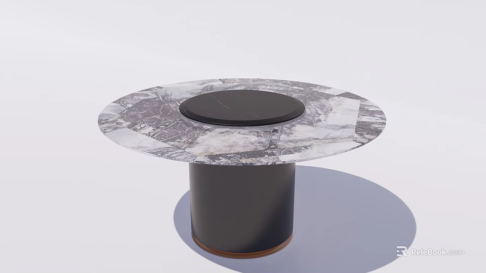 Round Dining Table With Marble Pattern Tabletop Black Circular Center And Black Cylindrical Base 3d model 