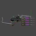 Futuristic Mechanical Weapon With Purple Cylinders Green Components And Metal Frame
