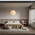 Modern Minimalist Bedroom With Neutral Tones Round Pendant Light Bedside Tables And Textured Rug