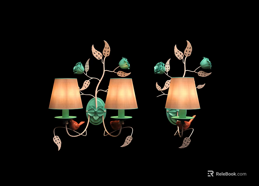 Ornate Wall Sconces Featuring Leaf Flower Bird Designs And Beige Lampshades 3d model 