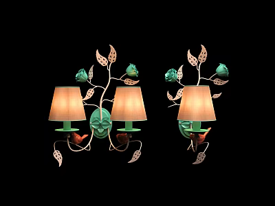 Ornate Wall Sconces Featuring Leaf Flower Bird Designs And Beige Lampshades 3d model
