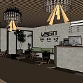 Modern Cafe Interior With Wooden Tables Green Plants Pendant Lights And Bar Counter