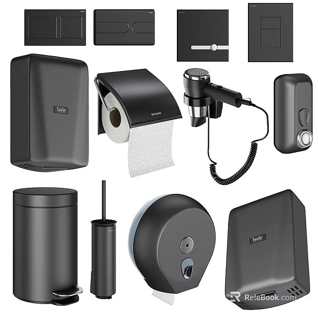 Modern Black Bathroom Accessories Set Toilet Paper Holder Soap Dispenser Trash Can And Brush 3d model 