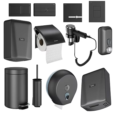 Modern Black Bathroom Accessories Set Toilet Paper Holder Soap Dispenser Trash Can And Brush 3d model