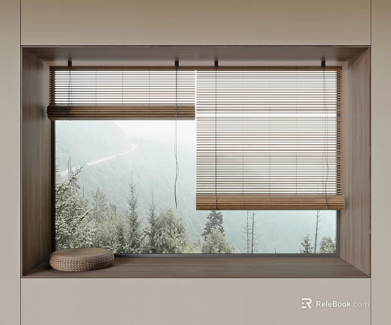 Natural Bamboo Blinds For Window With Woven Basket And Mountain View 3d model 