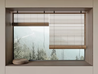 Natural Bamboo Blinds For Window With Woven Basket And Mountain View 3d model