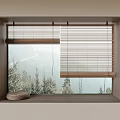 Natural Bamboo Blinds For Window With Woven Basket And Mountain View