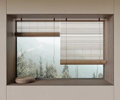 Natural Bamboo Blinds For Window With Woven Basket And Mountain View 3d model