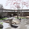 Traditional Japanese Courtyard Garden with Wooden Bridge Stone Lantern Green Statues and Stones