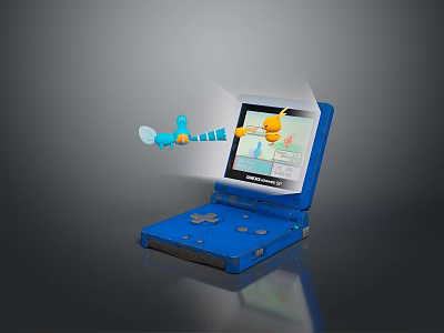 Blue Clamshell Handheld Gaming Computer With Screen Displaying 3D Game Characters Flying 3d model