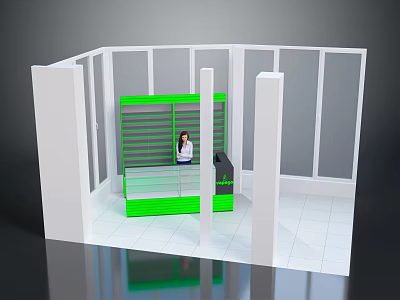 Modern Office Reception Desk With Green Counter And Glass Partitions 3d model