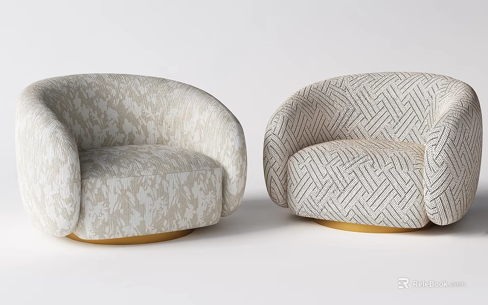 Two Modern Patterned Armchairs With Floral Herringbone Fabric Golden Round Base For Interior Design 3d model 