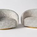 Two Modern Patterned Armchairs With Floral Herringbone Fabric Golden Round Base For Interior Design