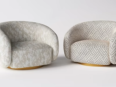 Two Modern Patterned Armchairs With Floral Herringbone Fabric Golden Round Base For Interior Design 3d model