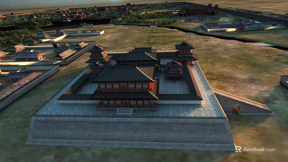 Ancient Chinese Architecture Traditional Multi Tiered Roofs Complex Aerial View With Stone Platform And Greenery 3d model 
