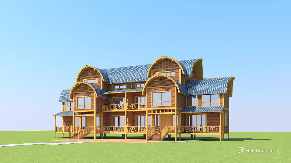 Traditional Wooden Duplex Villa With Blue Roof Large Windows And Verandas 3d model 