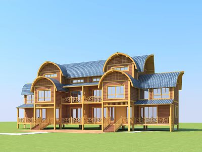 Traditional Wooden Duplex Villa With Blue Roof Large Windows And Verandas 3d model