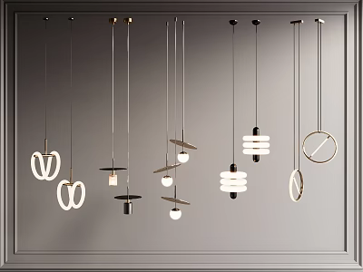 Various modern pendant lights with unique designs displayed on gray wall 3d model