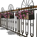 Ornate Metal Fence With Wooden Top Decorative Wheel Design And Hanging Pink Flower Pots