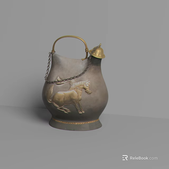 Ceramic Vessel Featuring Horse Relief Golden Handle Chain And Bell Design 3d model 