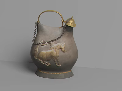 Ceramic Vessel Featuring Horse Relief Golden Handle Chain And Bell Design 3d model