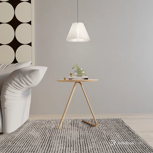 Modern Wooden Side Table Three Legs Design With Green Plant And Books Near White Sofa 3d model 