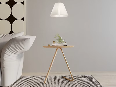 Modern Wooden Side Table Three Legs Design With Green Plant And Books Near White Sofa 3d model