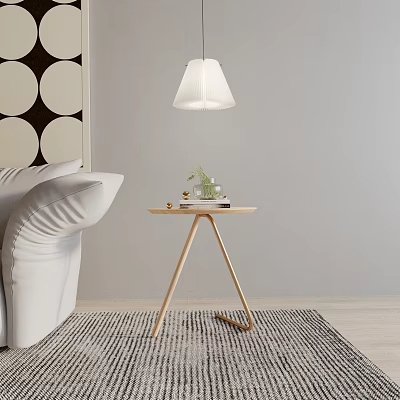 Modern Wooden Side Table Three Legs Design With Green Plant And Books Near White Sofa 3d model