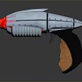 Futuristic Silver Metallic Pistol With Orange Flame Muzzle And Black Brown Grip
