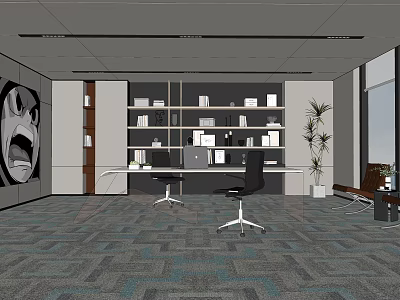 Modern Office Interior Design With Desk Computer Bookshelf Plant Carpet And Decorative Art 3d model