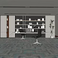 Modern Office Interior Design With Desk Computer Bookshelf Plant Carpet And Decorative Art
