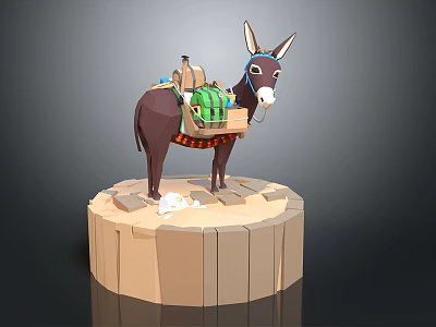 Cartoon Style Donkey Carrying Supplies Standing On Round Wooden Platform 3d model