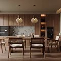 Warm Modern Dining Room Interior With Wooden Cabinets Dining Table Chairs And Pendant Lights