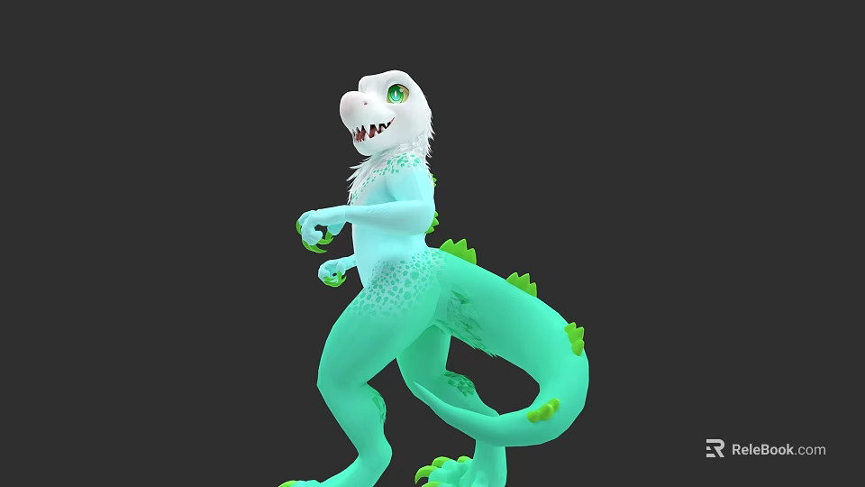 3D Game Character Light Blue Green Dinosaur with White Underbelly Green Spikes and Big Eyes 3d model 
