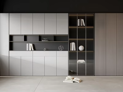 Modern Decorative Cabinet Featuring Sleek Gray And White Design Glass Doors Books And Decorations 3d model