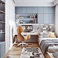 Modern Tatami Bedroom Interior With Wooden Floor Desk Chair Bookshelf Window Curtains And Storage Cabinets