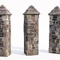 Three Decorative Stone Brick Columns With Pointed Tops And Textured Surfaces 3d model