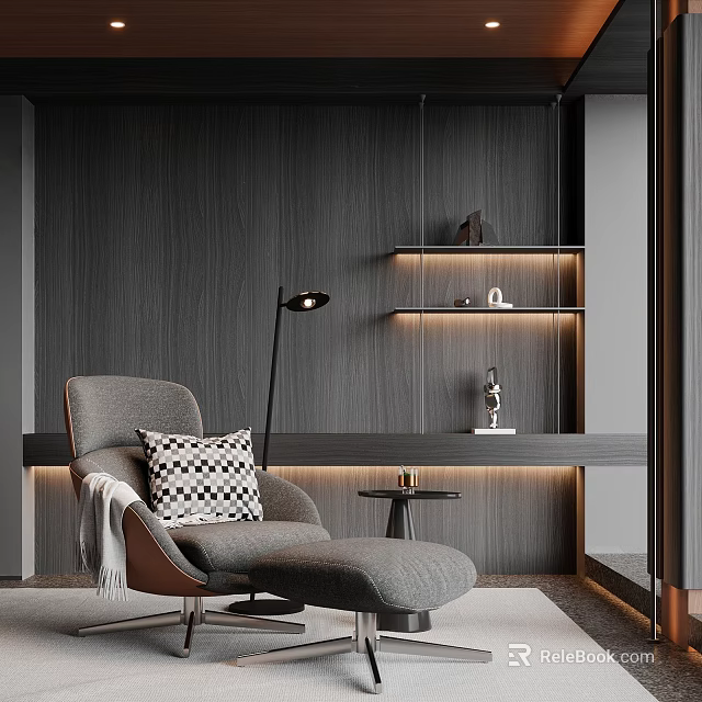 Modern Lounge Chair With Checkered Cushion Ottoman Floor Lamp Lit Shelves And Dark Wood Wall 3d model 