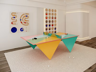 Multifunctional Sports Equipment Featuring Colorful Triangular Game Table And Wall Dartboards In Modern Indoor Space 3d model