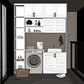 Functional Home Balcony With Washing Machine Sink White Cabinets Open Shelves And City View
