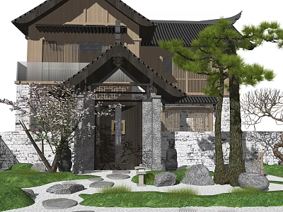 Serene Traditional Courtyard Garden With Stone Pathway Pine Trees And Lush Greenery 3d model